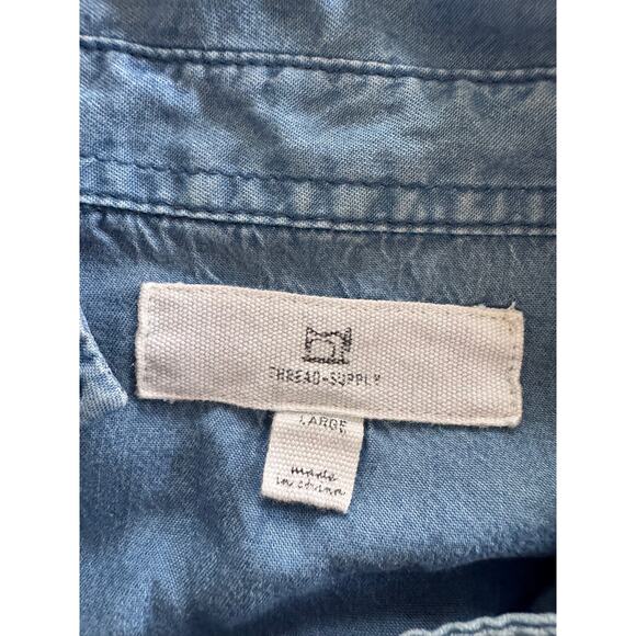 Thread & Supply L Womens Button Front Roll Table Sleeves Blue Chambray Shirt - Picture 3 of 8